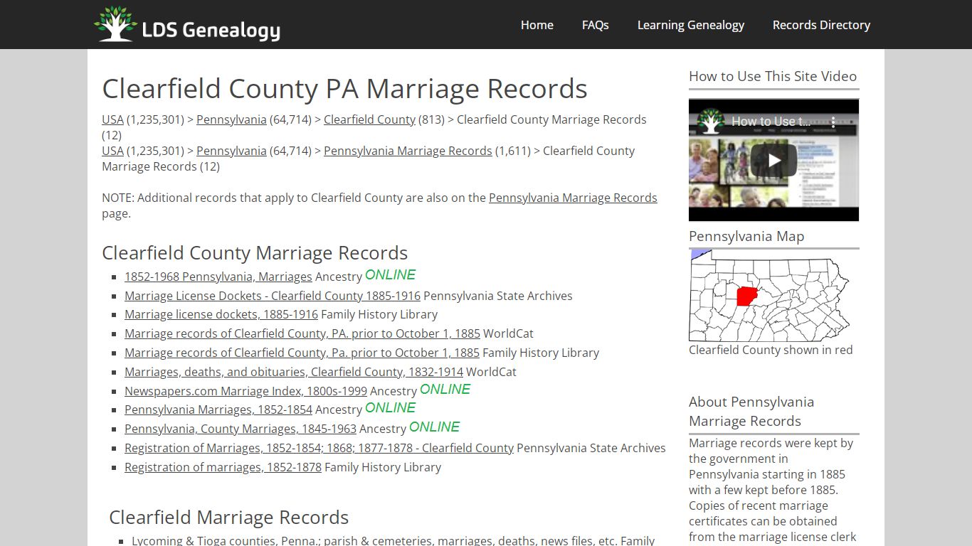 Clearfield County PA Marriage Records - LDS Genealogy