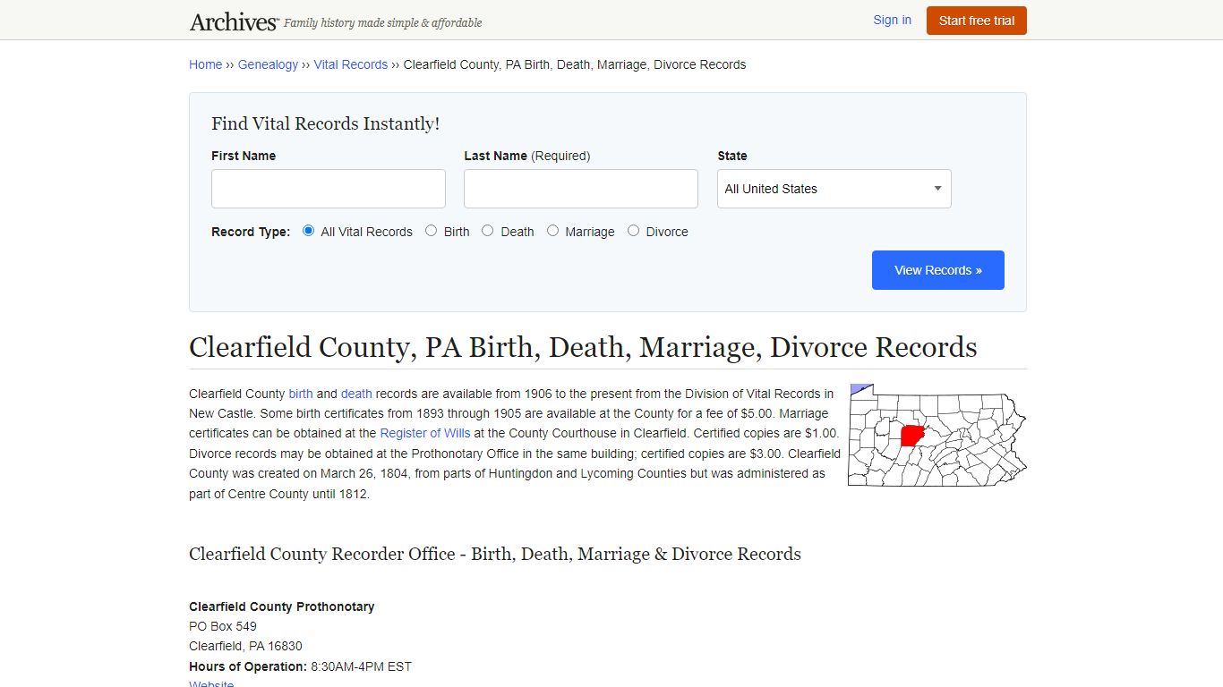Clearfield County, PA Birth, Death, Marriage, Divorce Records