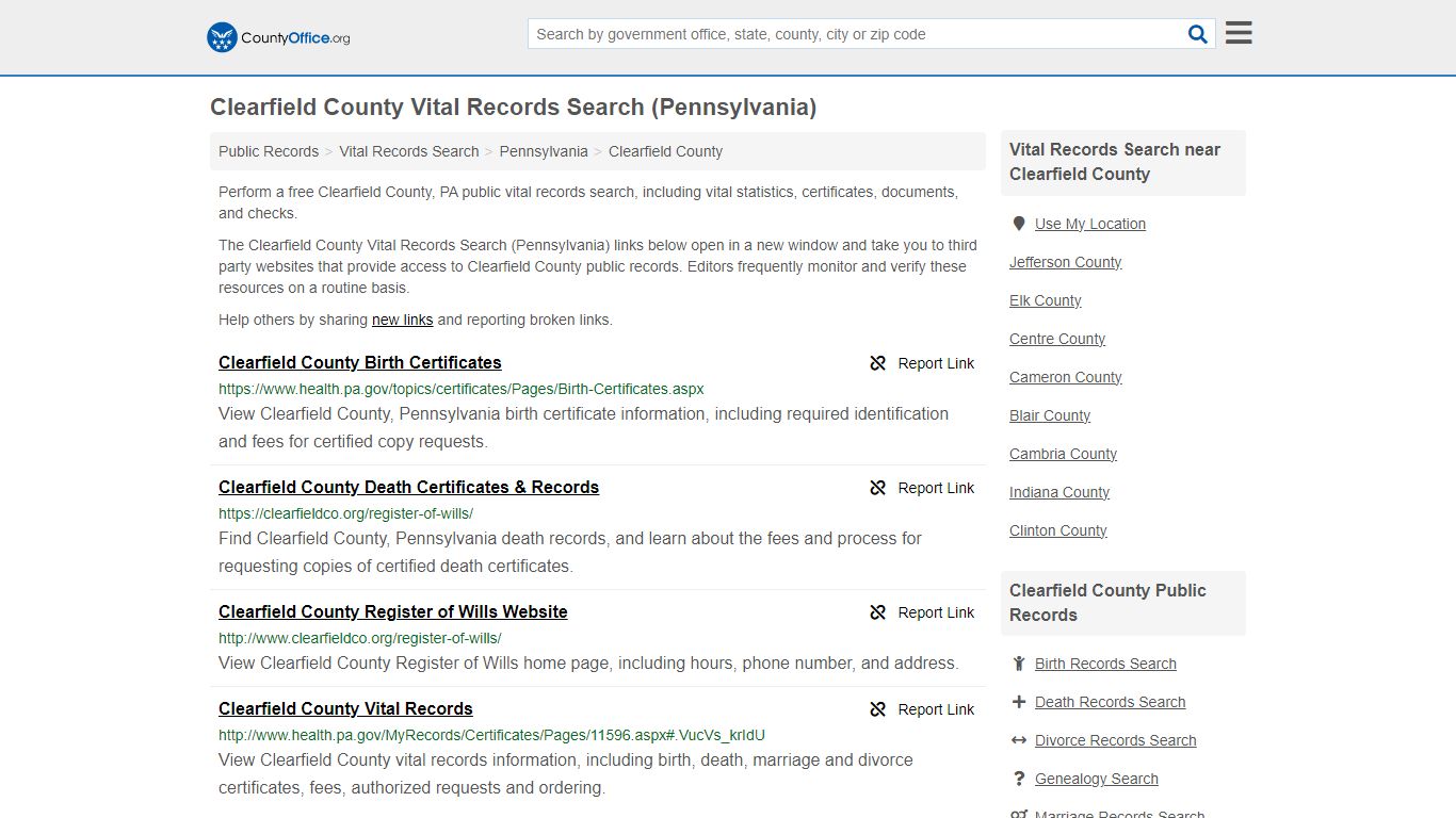 Vital Records Search - Clearfield County, PA (Birth, Death, Marriage ...